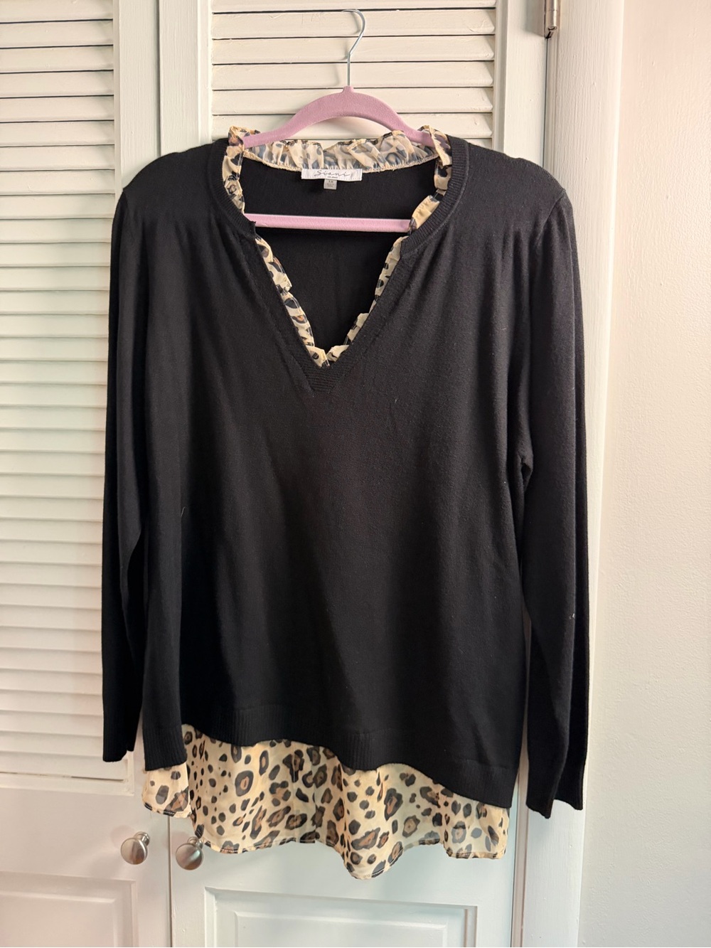 Sioni Black Layered-Look V-Neck Sweater with Leopard Trim